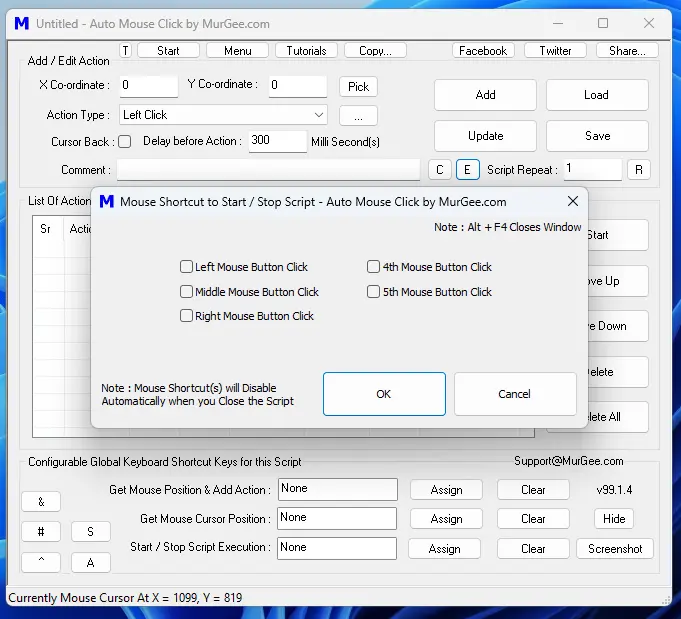 Mouse Shortcut to Start  or Stop Macro Script Execution of Auto Mouse Click by MurGee.com